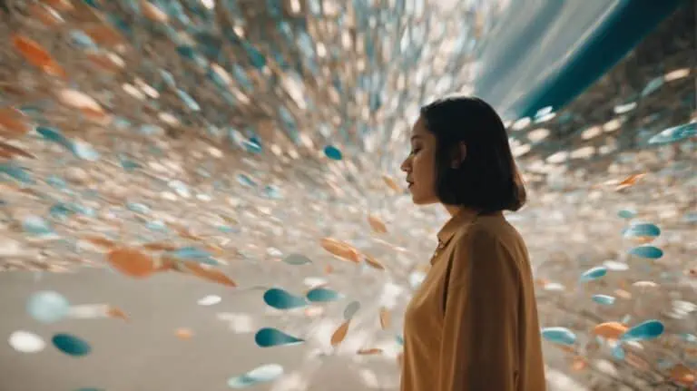 Colorful confetti swirling around a contemplative woman in a brown coat, symbolizing recovery and celebration in drug detox and rehab.