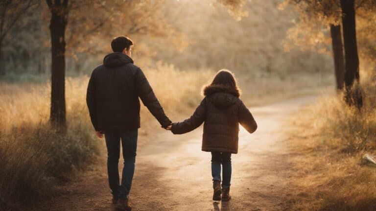 A young adult and child walking hand-in-hand through a serene forest during autumn, symbolizing healing and support in drug detox and rehab journeys.