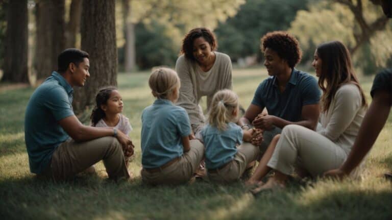 A diverse group of adults and children sitting together outdoors in a park, engaging in compassionate support and positive connection, promoting healing and recovery through community and understanding.