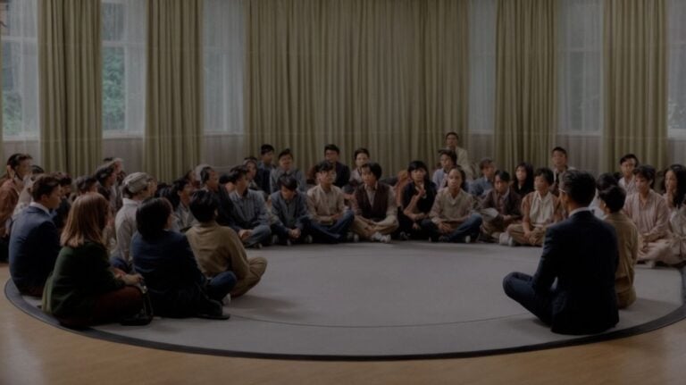 Diverse group of individuals attending a drug detox and rehab support group session in a spacious, well-lit therapy room with large windows and curtains.