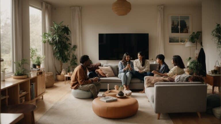 Relaxed group therapy session in a cozy living room, promoting comfort and support for drug detox and rehab recovery. Friendly environment encourages openness and healing.