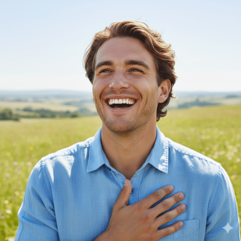 Relaxed man smiling outdoors after drug detox and rehab, embracing a healthy lifestyle and recovery from substance abuse, happy and hopeful in a natural setting.