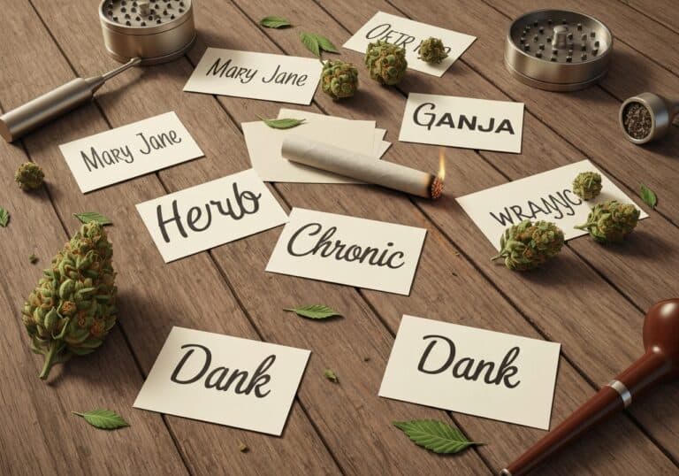 cannabis terms - Marijuana and cannabis buds with rolling papers, grinder, and notes referencing drug-related terms for drug detox and rehab.