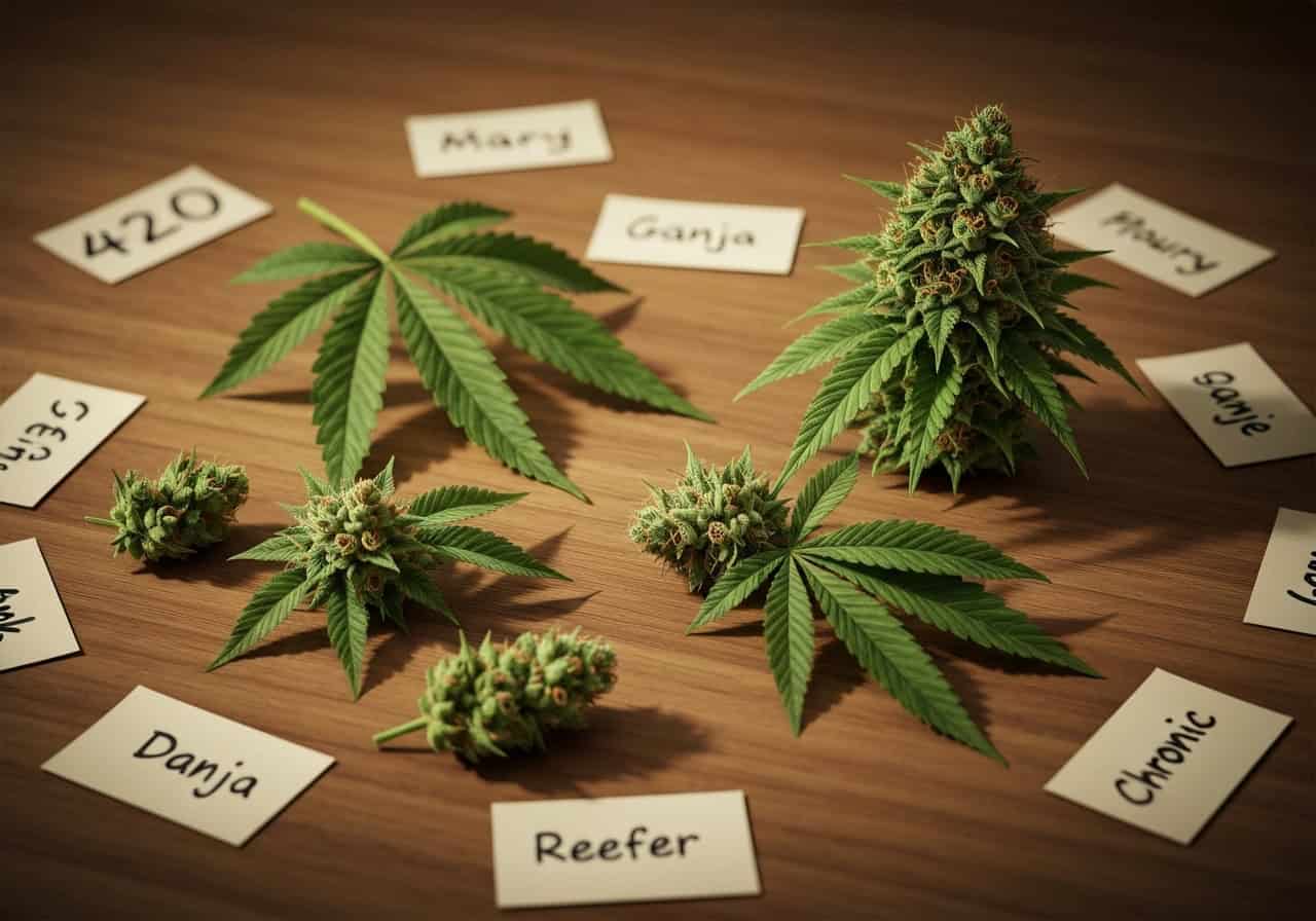 slang for weed - Marijuana cannabis plant with labeled buds and leaves, used to illustrate drug addiction, drug detox, and rehab treatments for substance abuse recovery.