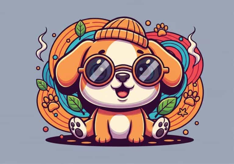 Adorable cartoon dog with sunglasses and beanie, vibrant colorful background, representing pet safety and wellness in a playful style.