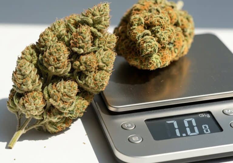 Dense cannabis buds on a digital scale showing 1.08 oz, representing a typical quantity used in drug detox and rehab contexts to highlight substance consumption.