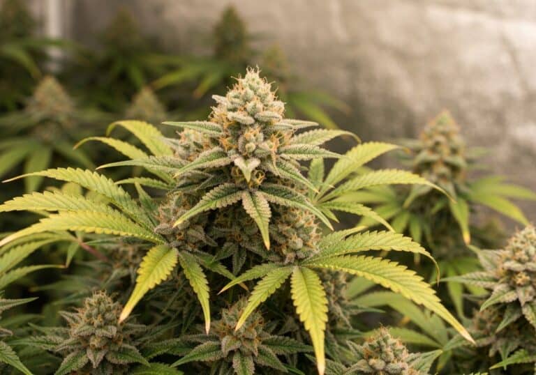 Dense, flowering cannabis plant with frosty buds and vibrant green leaves, ideal for medical and recreational marijuana users seeking high-quality cannabis from a trusted drug detox and rehab center.