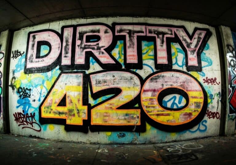 Graffiti art with the phrase "DIRTY 420" painted on a concrete wall under a bridge, featuring vibrant colors and street-style lettering.