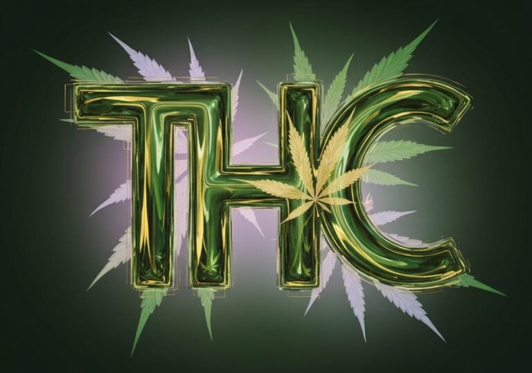 Marijuana leaf integrated into a shiny, metallic "TKC" logo with cannabis leaves in the background, symbolizing medicinal or recreational cannabis use.