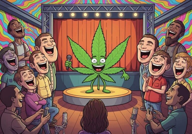 A lively cartoon scene featuring a cheerful cannabis leaf mascot on a stage, holding a microphone and surrounded by an audience laughing and enjoying a comedy show about marijuana.