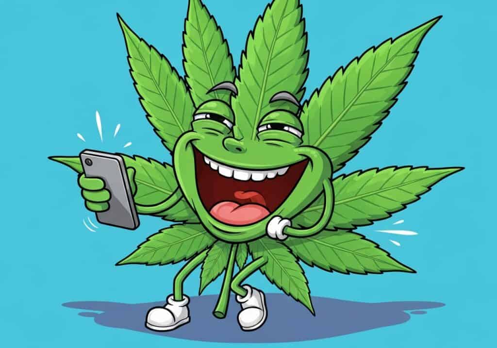 A cheerful cartoon cannabis leaf character taking a selfie with a smartphone, highlighting the theme of marijuana use and legalization; suitable for drug detox and rehab awareness.