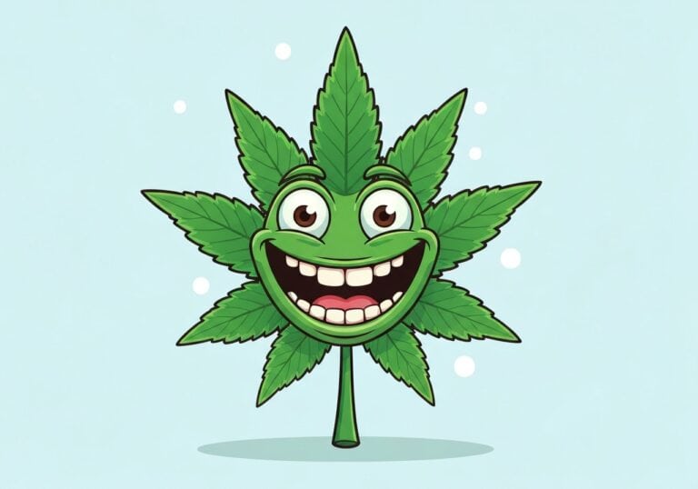 A cheerful cartoon cannabis leaf with a smiling face, big eyes, and a friendly expression, representing medical or recreational marijuana in a fun and approachable style for drug education and awareness.