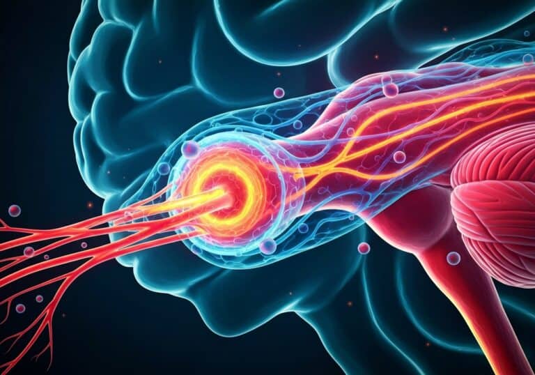 Advanced digital illustration of brain neural pathways and pain relief signals for drug detox and addiction treatment.