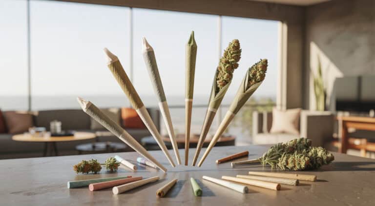 1. Colorful cannabis joints and buds on the table, symbolizing marijuana use and the importance of drug detox and rehab for addiction recovery.
