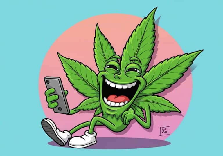 A fun, vibrant cannabis leaf character enjoying phone time, symbolizing relaxation and modern culture. Suitable for promoting mental health and wellness in cannabis and drug detox programs.