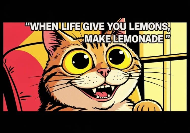Colorful cartoon cat with big yellow eyes and a wide smile, illustrating the saying "When life gives you lemons, make lemonade" for inspiring positivity in recovery visuals.