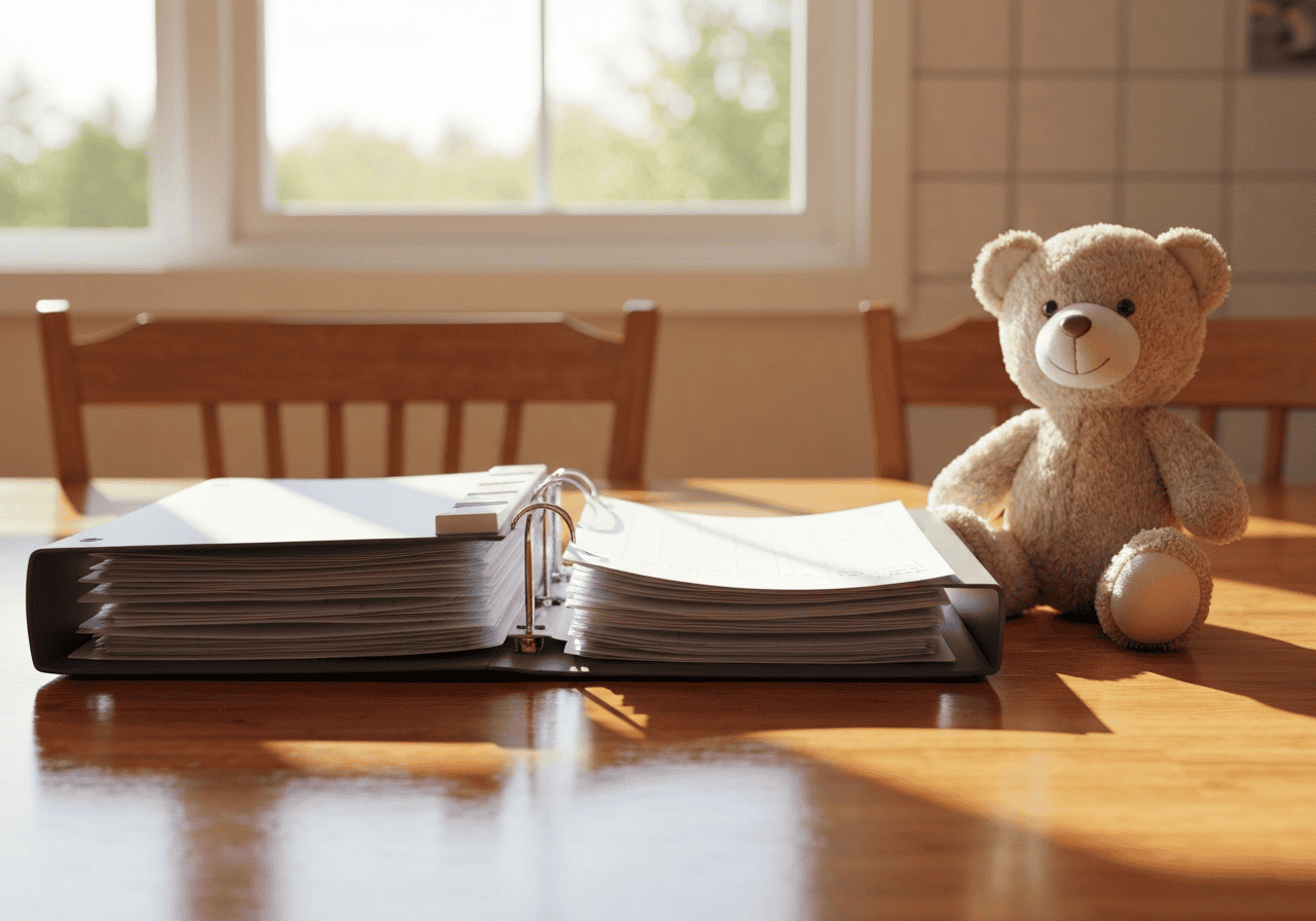 A teddy bear sitting on a wooden table next to a binder filled with documents, symbolizing comfort and support during drug detox and rehab processes.
