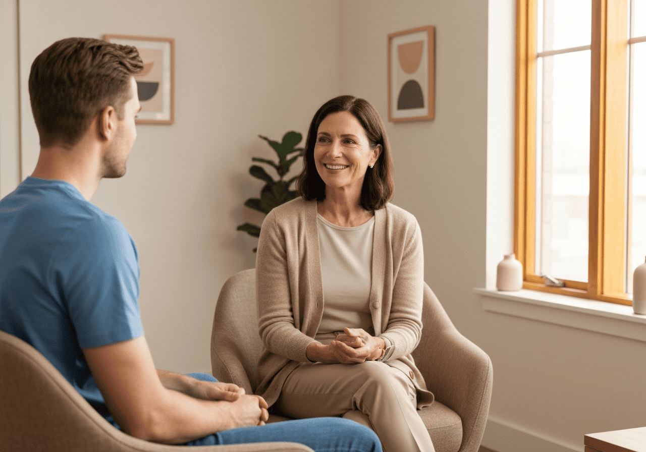 A woman counselor providing support and guidance during a drug detox and rehab session with a young male patient in a comfortable, professional setting.