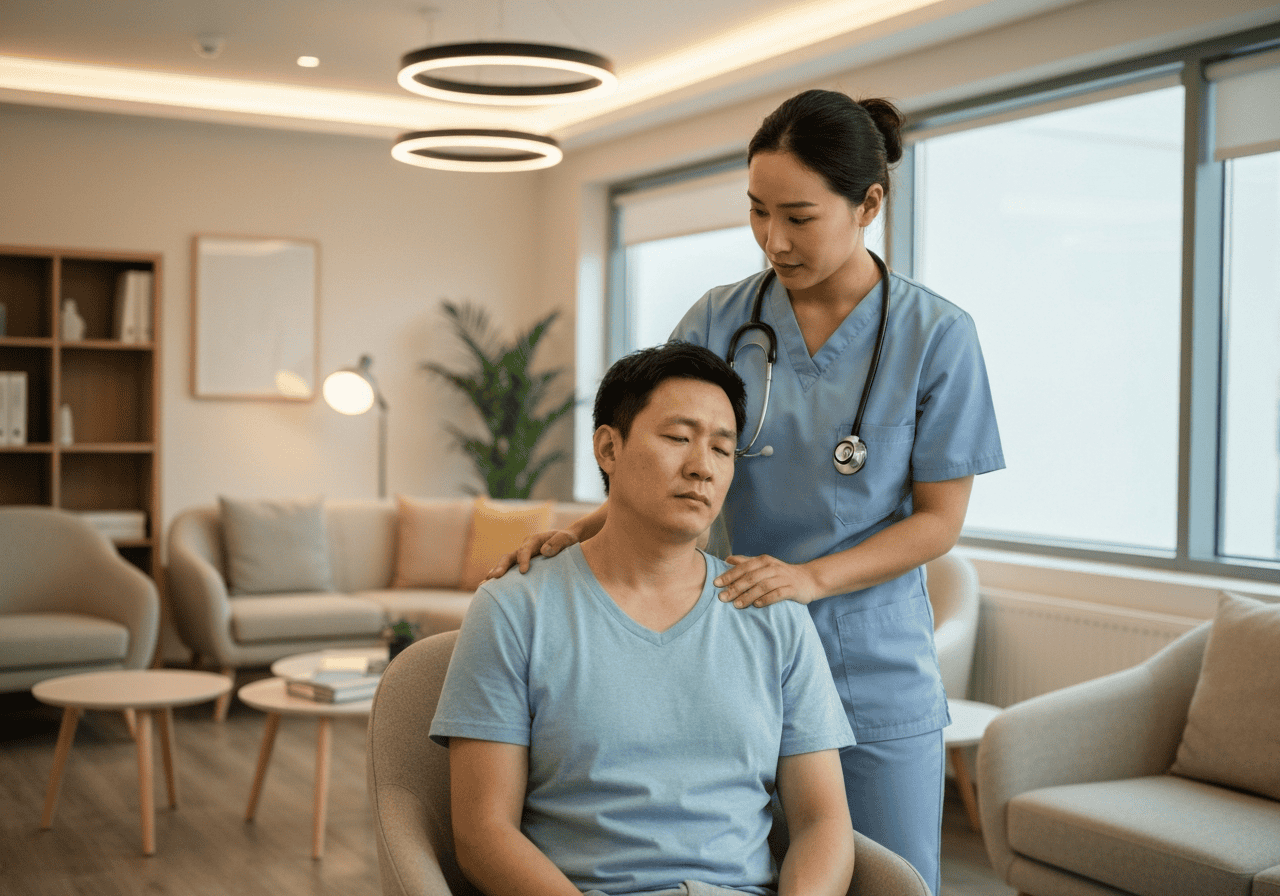 Compassionate healthcare professional providing support to a patient during drug detox and rehab in a comfortable, modern clinic setting.