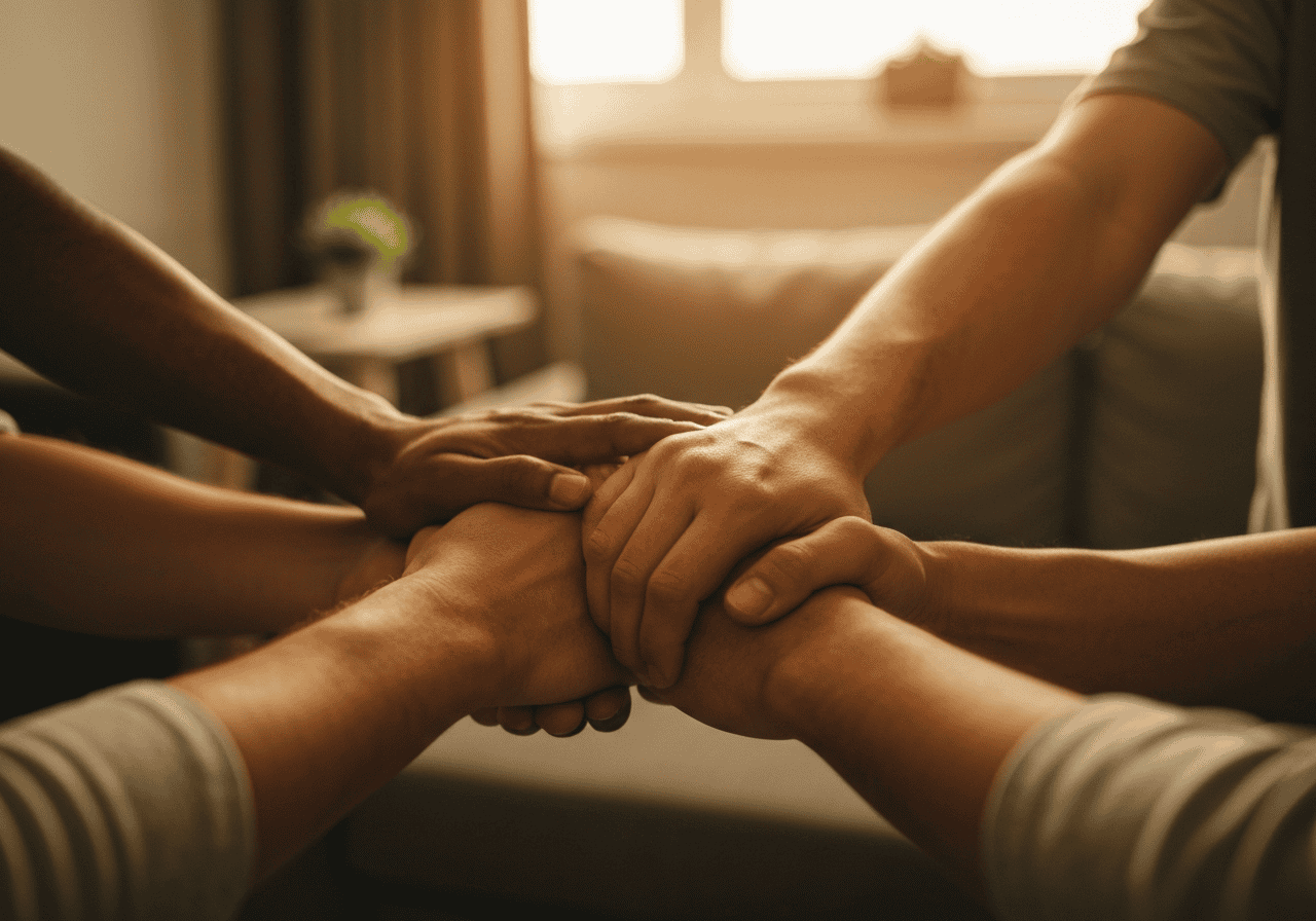 Support and unity in addiction recovery, showing hands joined together in a circle.