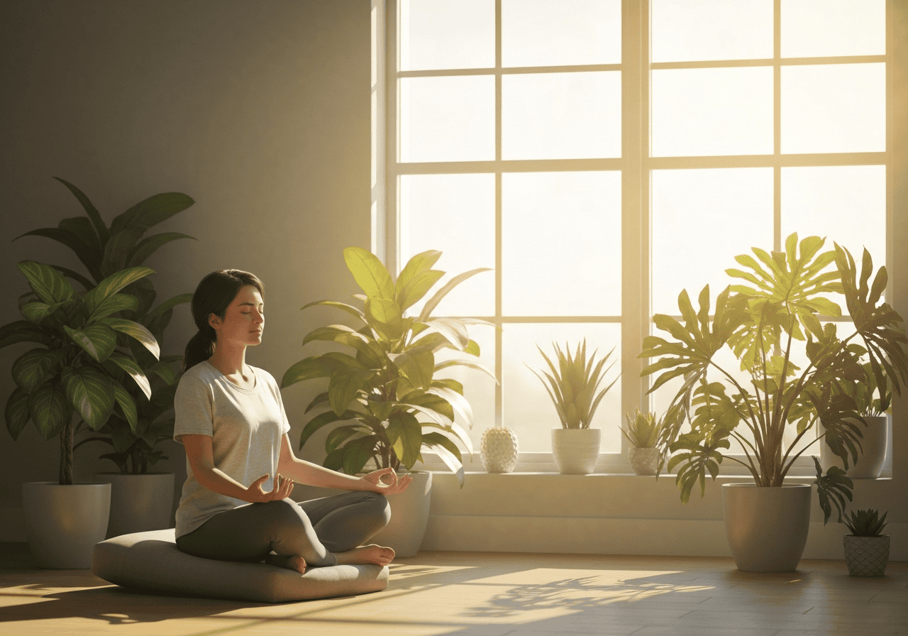 Woman practicing mindfulness meditation in a bright, peaceful room with large windows and lush indoor plants, promoting mental wellness and stress relief during drug detox.