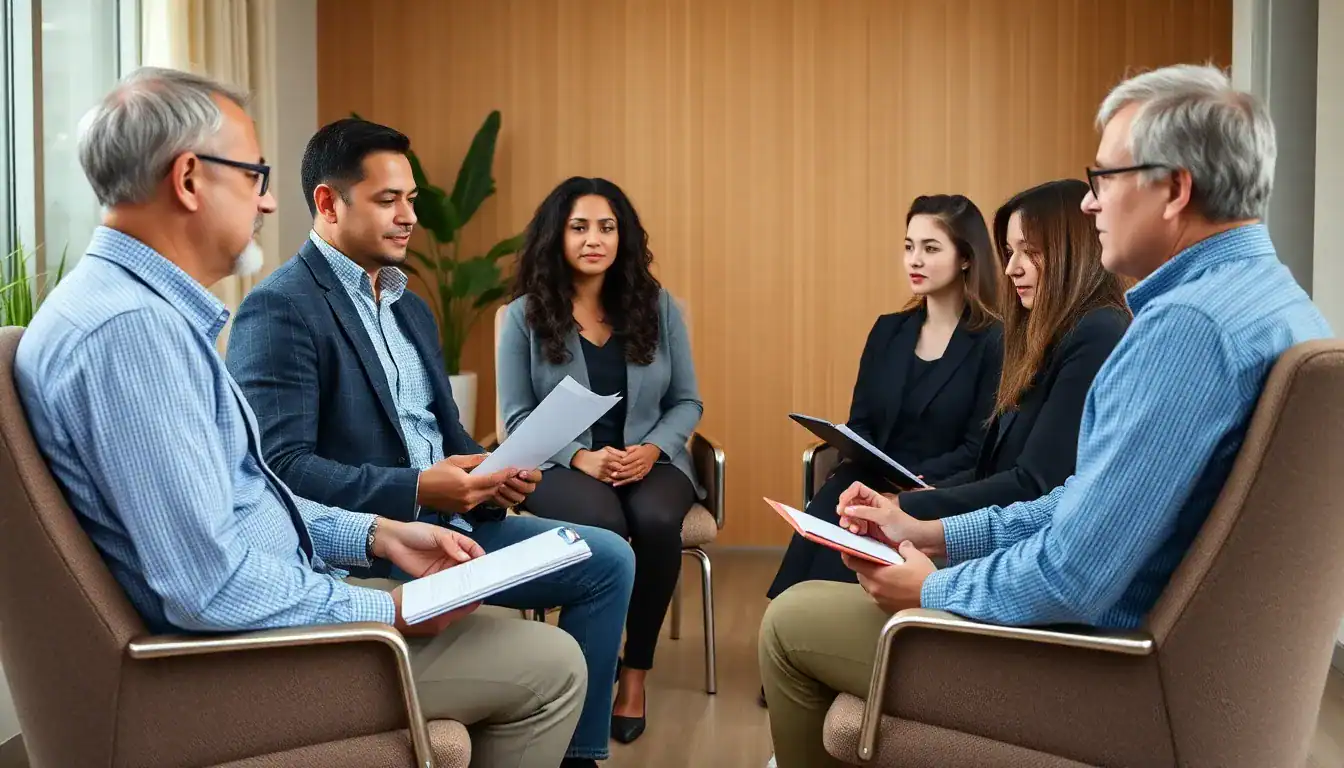 Group therapy session with diverse individuals discussing addiction recovery in a professional setting.