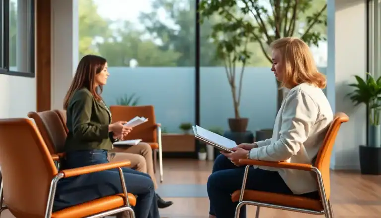 Professional counseling session for drug detox and rehab with a therapist and patient in a modern clinic setting.