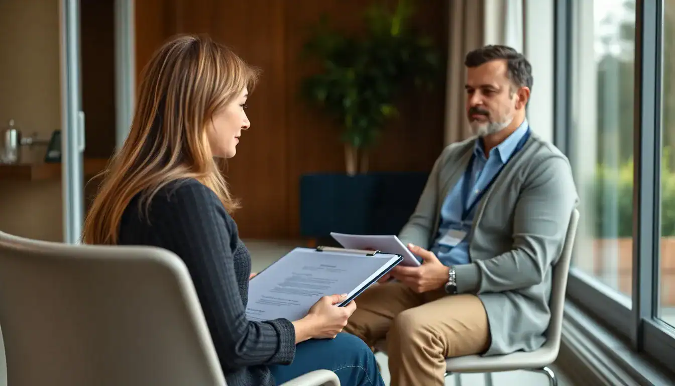 Professional counseling session for drug detox and rehab with a therapist and patient discussing treatment options in a comfortable office setting.
