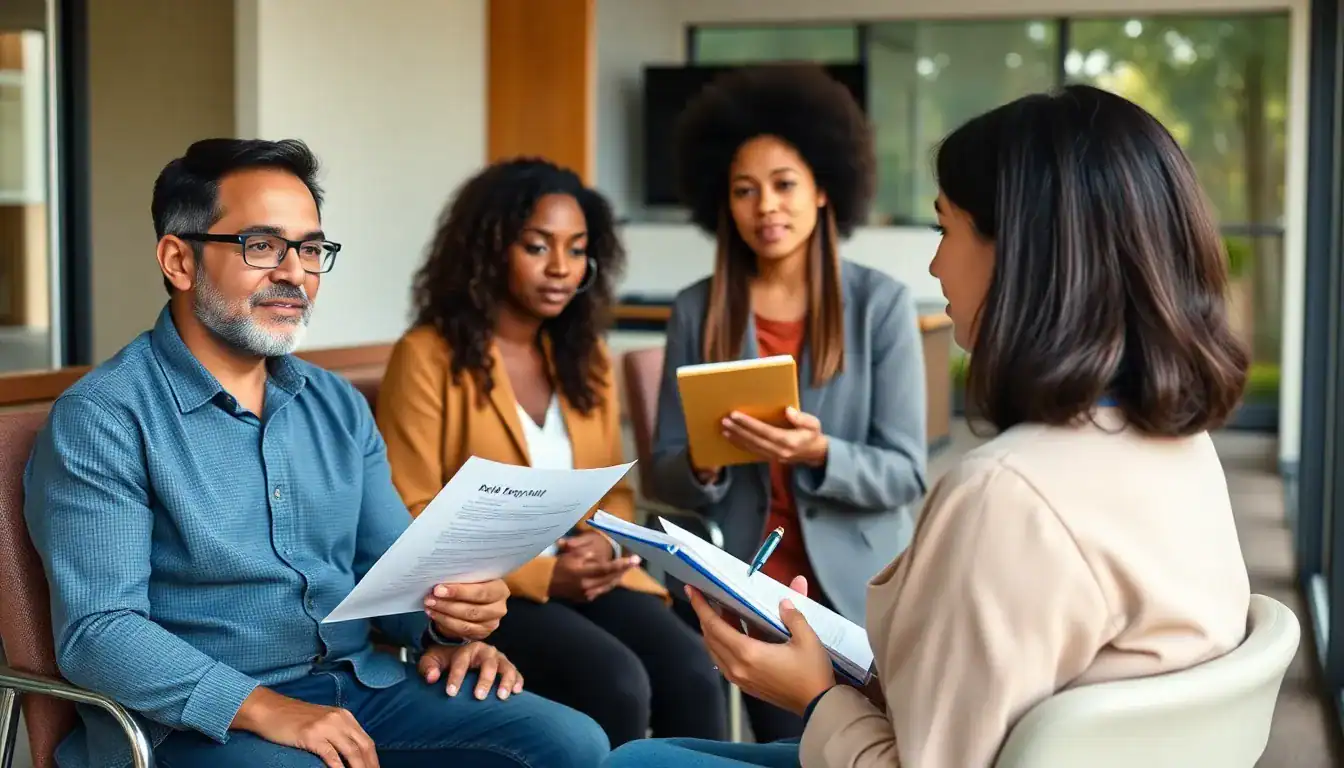 Professional drug detox and rehab counseling session with a diverse group of clients and a counselor in a supportive environment.