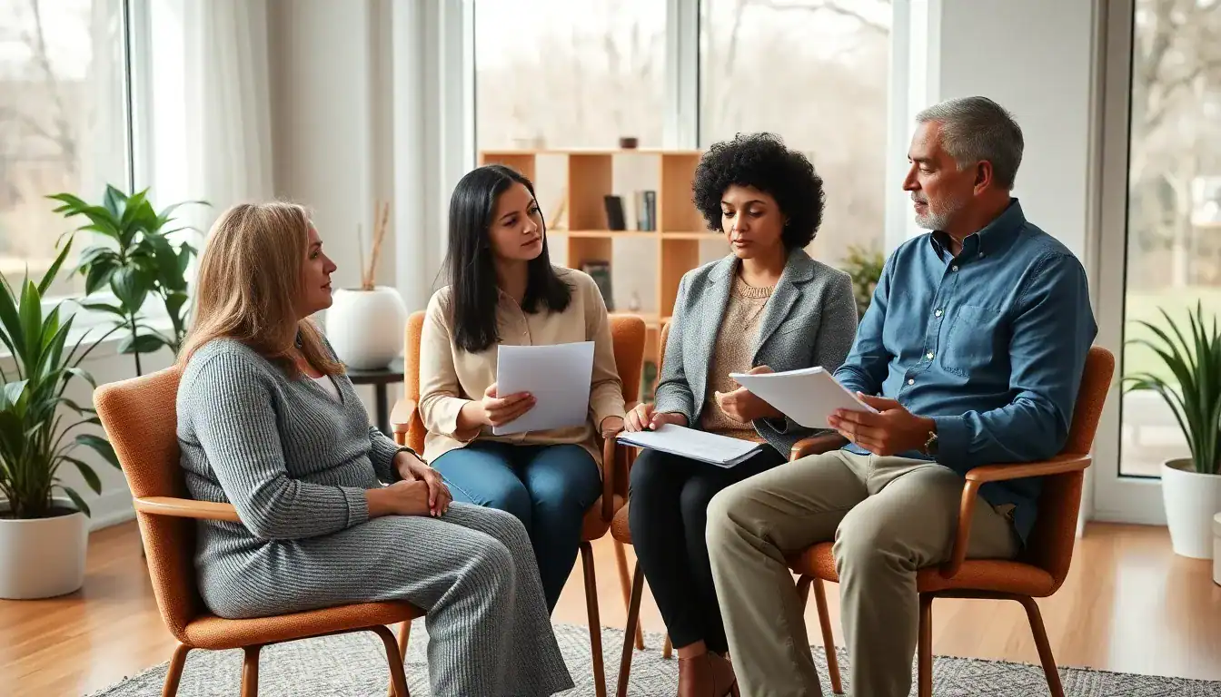 Group therapy session with a counselor discussing drug detox and rehab strategies in a supportive environment.