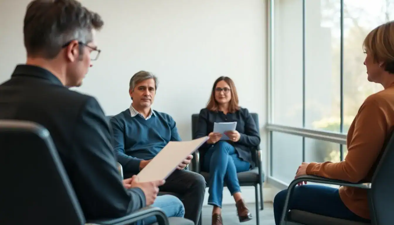 Group therapy session at a drug detox and rehab center with a counselor and clients discussing recovery strategies.