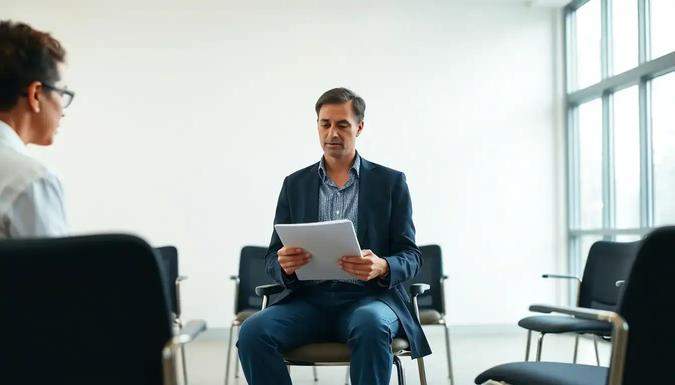 Professional counselor conducting a therapy session with a patient in a drug detox and rehab facility, emphasizing mental health support during recovery.