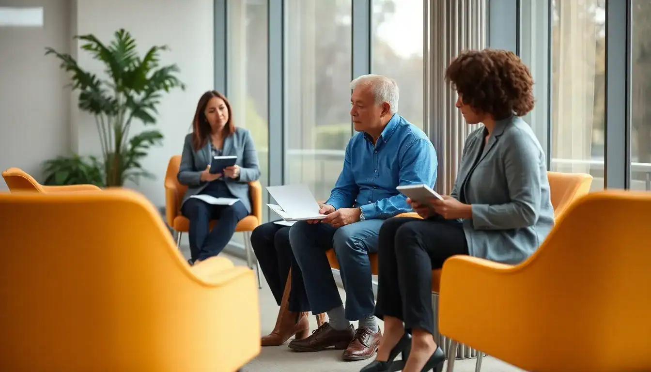 Professional drug detox and rehab counseling session with a therapist and patients in a modern clinic setting.
