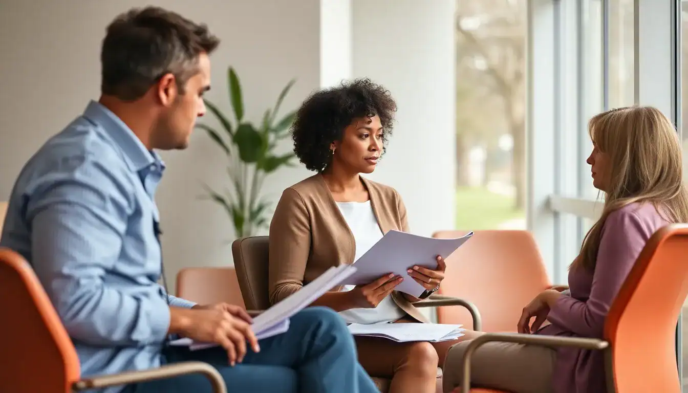 Professional counseling session for drug detox and rehab with a therapist and clients discussing treatment options in a supportive environment.