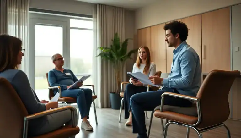 Group therapy session at a drug detox and rehab center with a counselor and patients discussing recovery strategies.