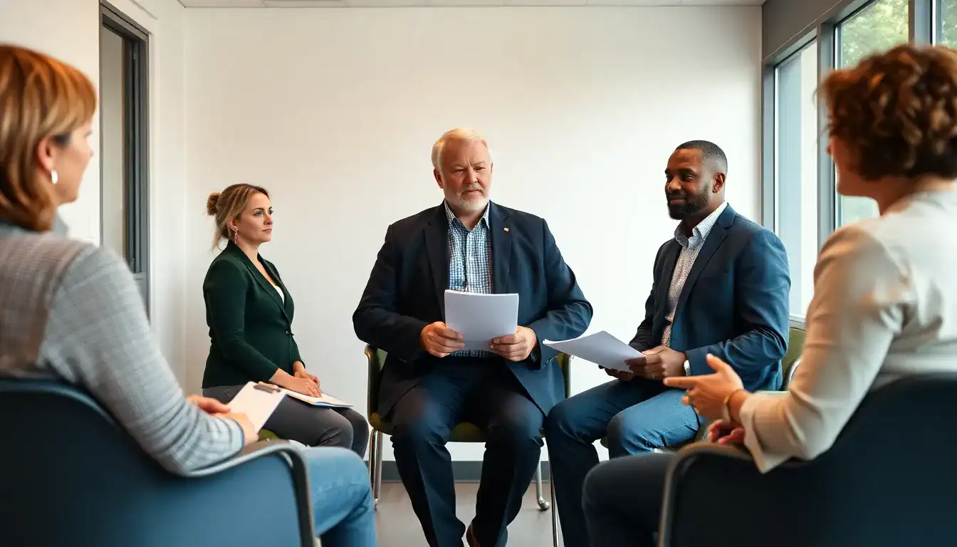 Group therapy session with diverse individuals discussing addiction recovery in a professional setting.