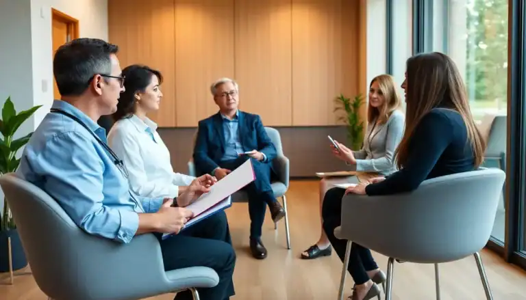 Group therapy session for drug detox and rehab with a professional counselor and patients in a modern, supportive environment.