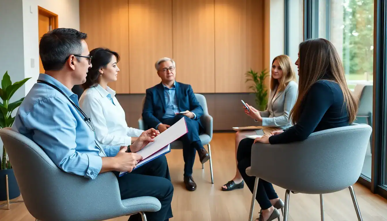Group therapy session for drug detox and rehab with a professional counselor and patients in a modern, supportive environment.