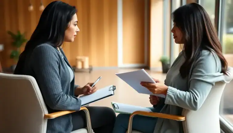 Two women in a professional setting discussing drug detox and rehab options, emphasizing personalized treatment plans for addiction recovery.