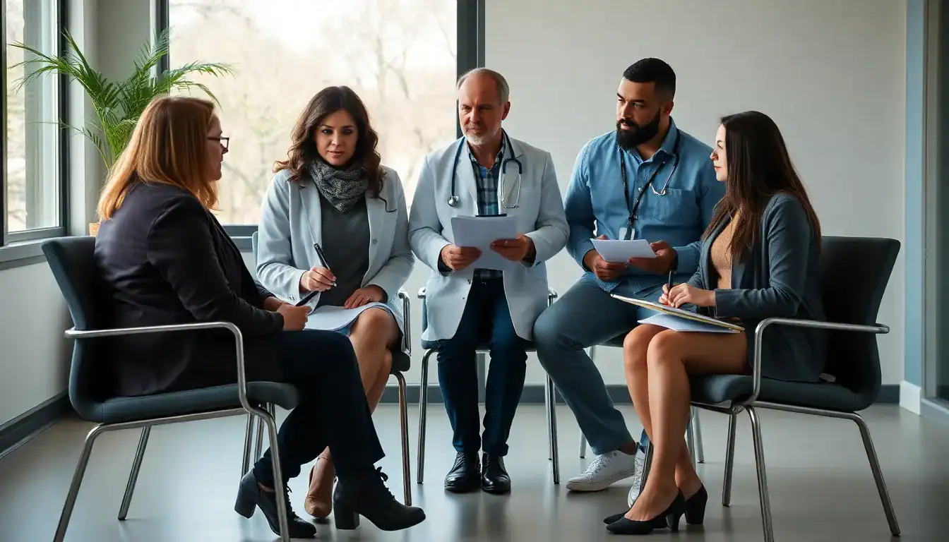 Group of diverse adults in a professional counseling session discussing drug detox and rehab strategies in a modern clinic setting.