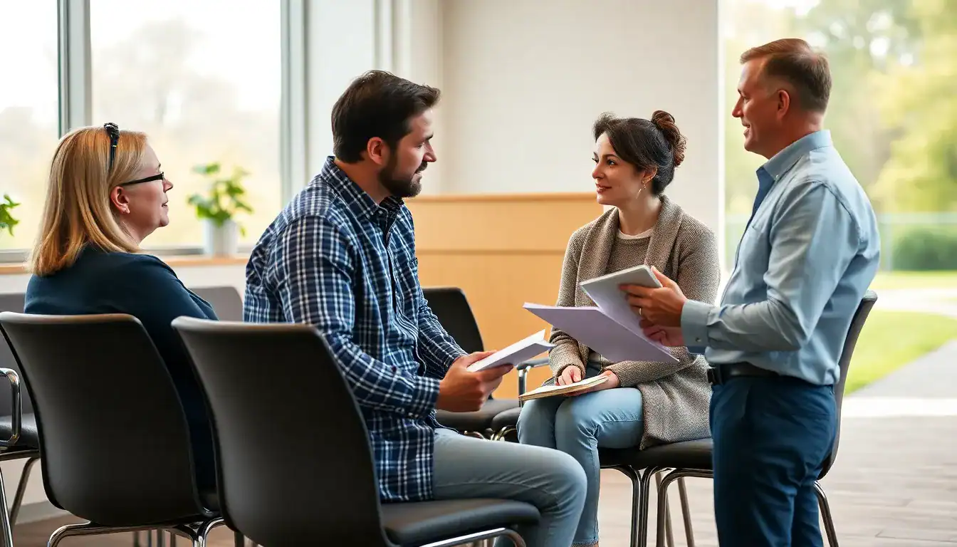 Professional drug detox and rehab counselor discussing treatment options with clients in a supportive environment.