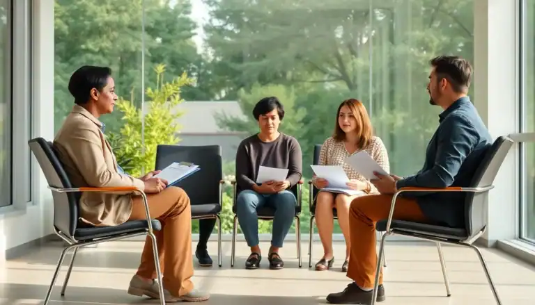 Group therapy session for drug detox and rehab with a counselor and patients in a bright, modern clinic setting.