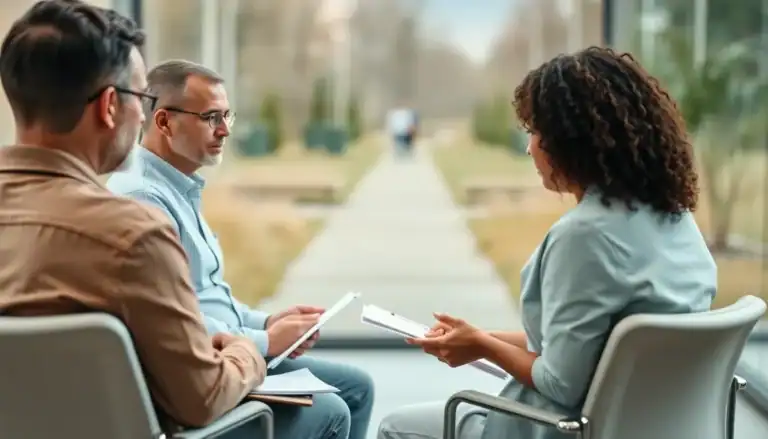Professional counseling session for drug detox and rehab with a therapist and clients discussing recovery strategies in a supportive environment.