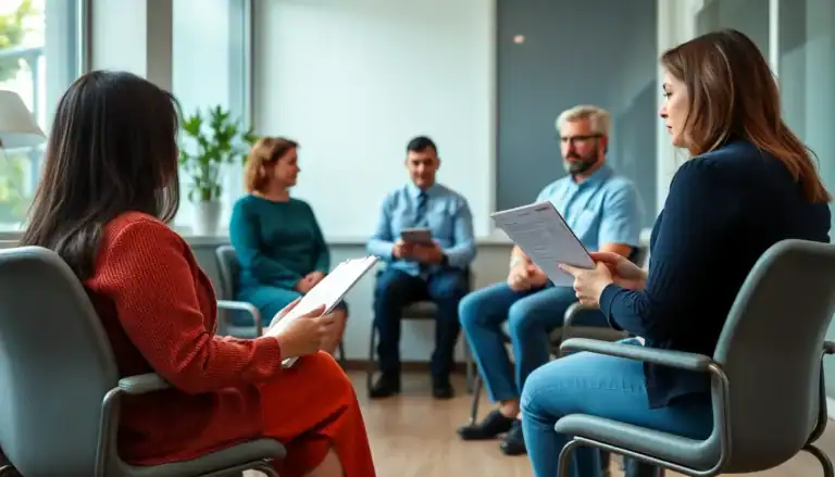 Group therapy session at a drug detox and rehab center with patients and counselor discussing recovery strategies.