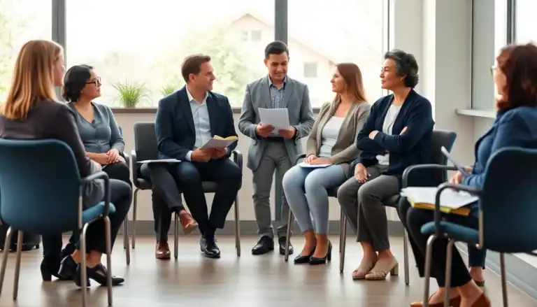 Group therapy session with diverse individuals discussing drug detox and recovery strategies in a supportive environment.