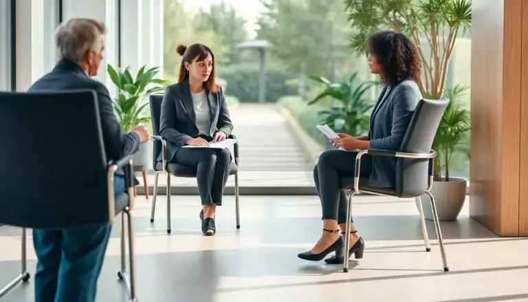Professional counseling session at a drug detox and rehab center with a therapist discussing recovery options with clients in a comfortable, supportive environment.