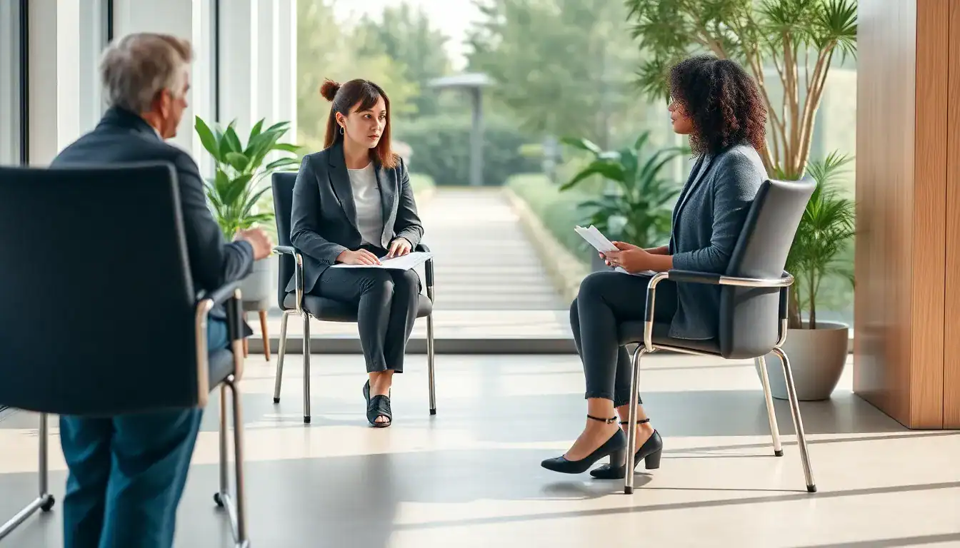 Professional counseling session at a drug detox and rehab center with a therapist discussing recovery options with clients in a comfortable, supportive environment.