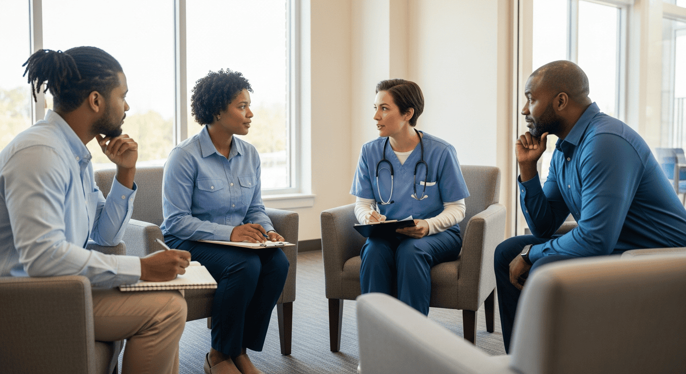 Medical professionals conducting a counseling session for drug detox and rehab, emphasizing support and recovery.