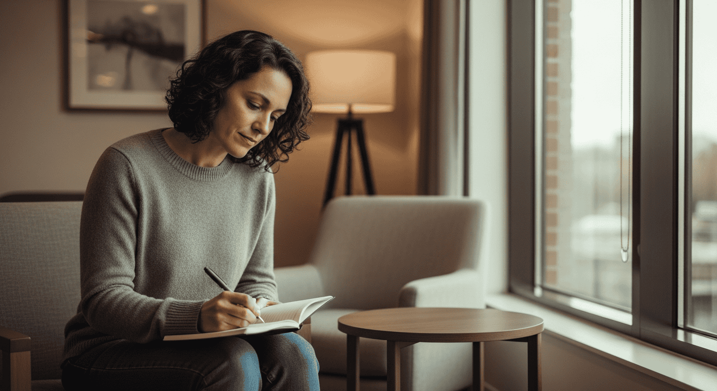 Woman writing in a journal during recovery at a drug detox and rehab center, emphasizing mental health and healing.