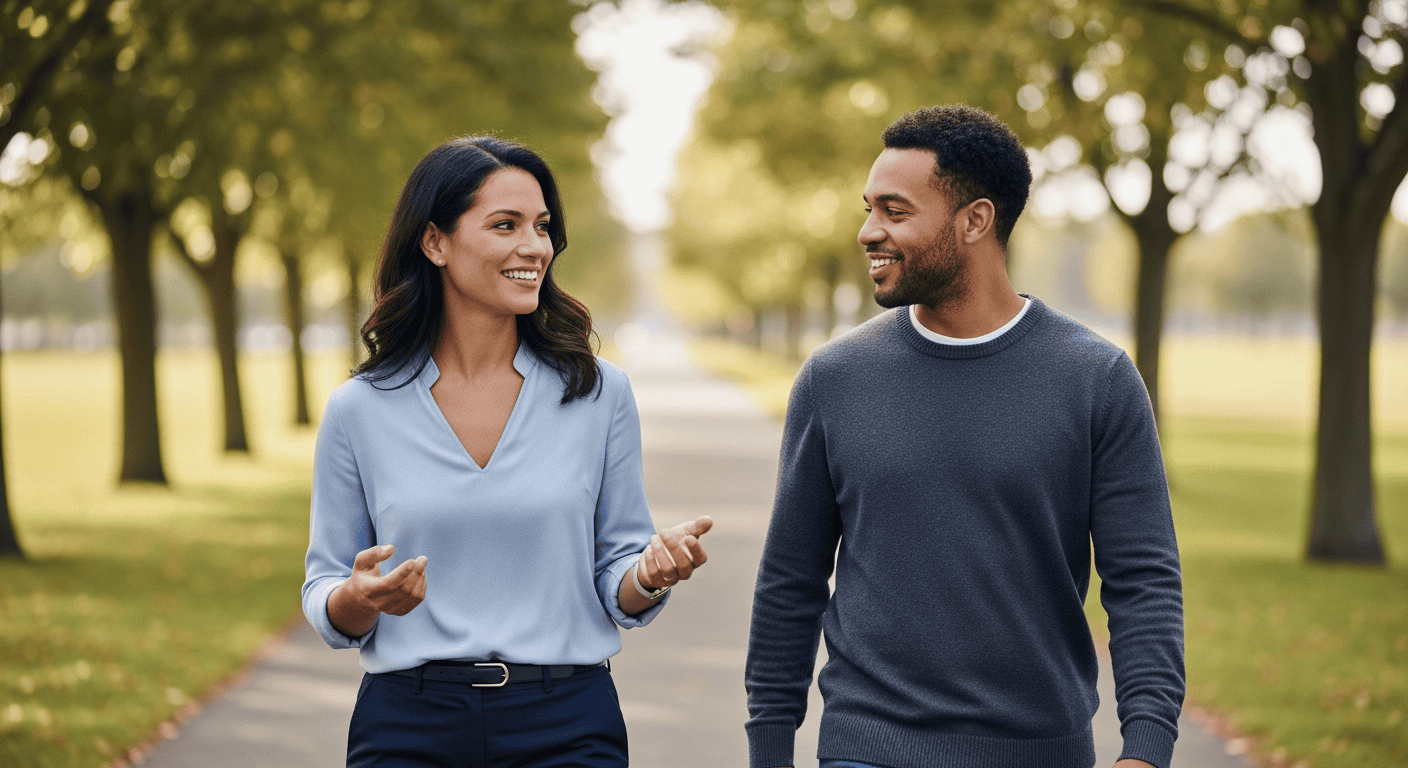 A woman and a man having a friendly conversation outdoors in a park with trees and a pathway.